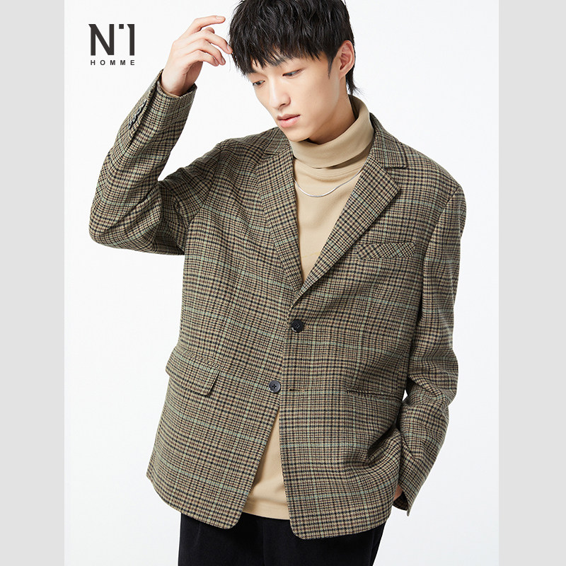【清仓】N1千鸟格西装男羊毛混纺混织小西服格子男外套