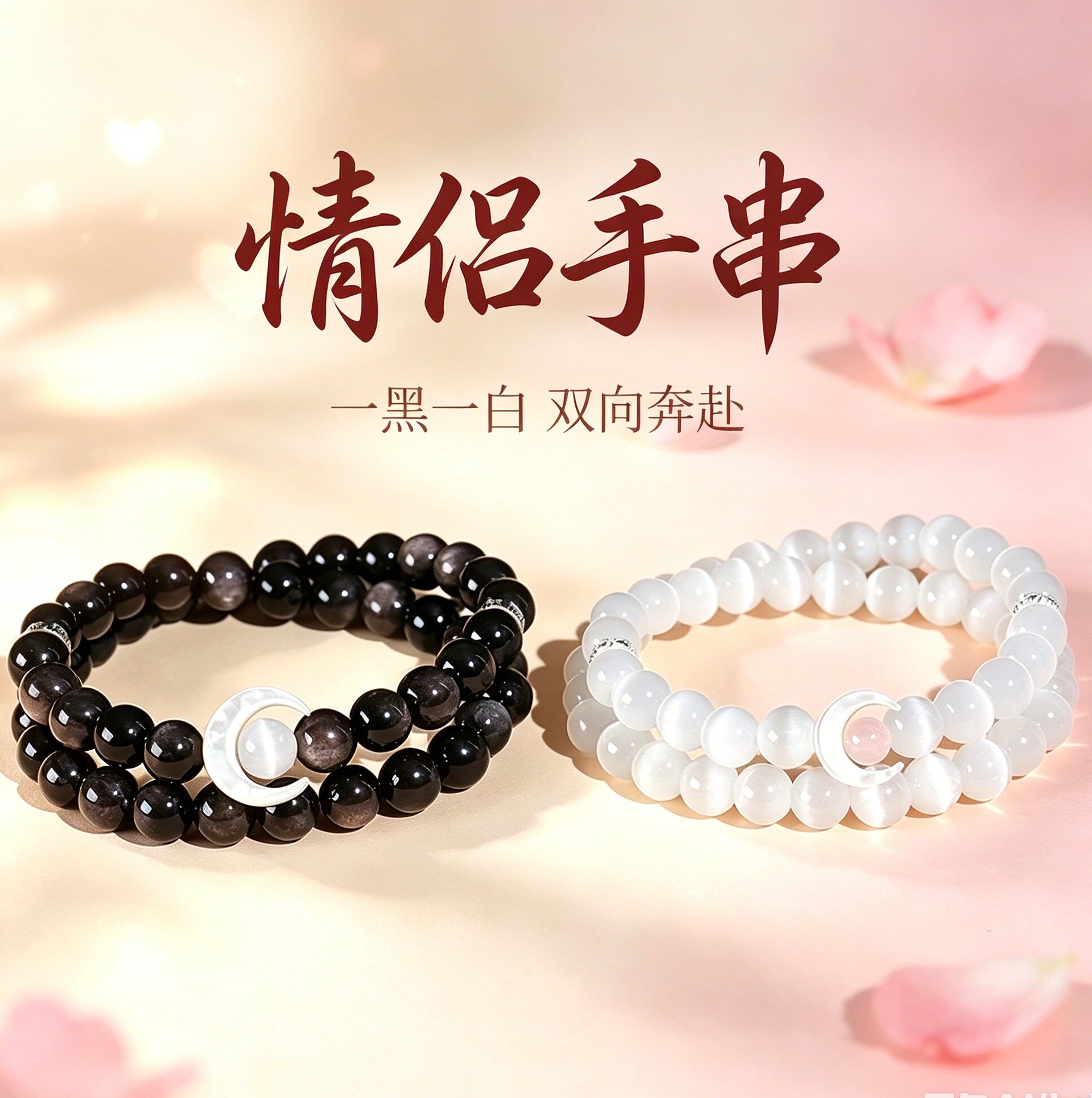 星月守护情侣水晶手串黑白轻奢