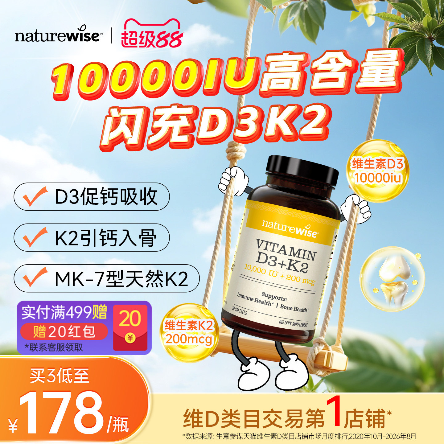 Naturewise阳光瓶D3+K2维生素d3k2胶囊10000iuv维d成人中老年补钙图片