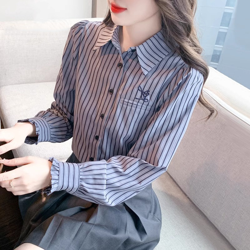 条纹长袖衬衫女设计感小众春秋2025新款高级感气质显瘦打底上衣女