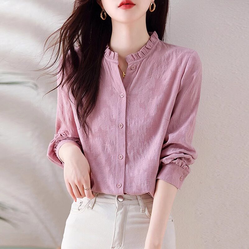 粉色长袖衬衫女高级感春秋2025年新款时尚洋气减龄宽松衬衣女上衣