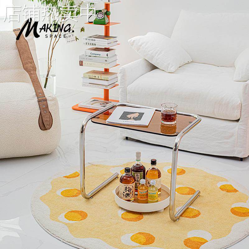 北欧中古不锈钢玻璃茶几卧室床边小桌子民宿网红ins透明创意边几