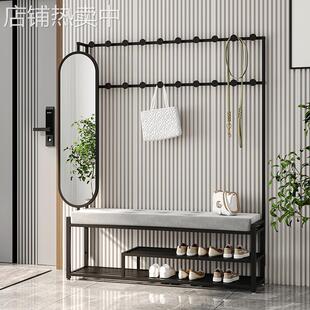 J^轻奢换鞋凳衣帽架带镜子旋转家用鞋柜挂衣架一体架多功能软包