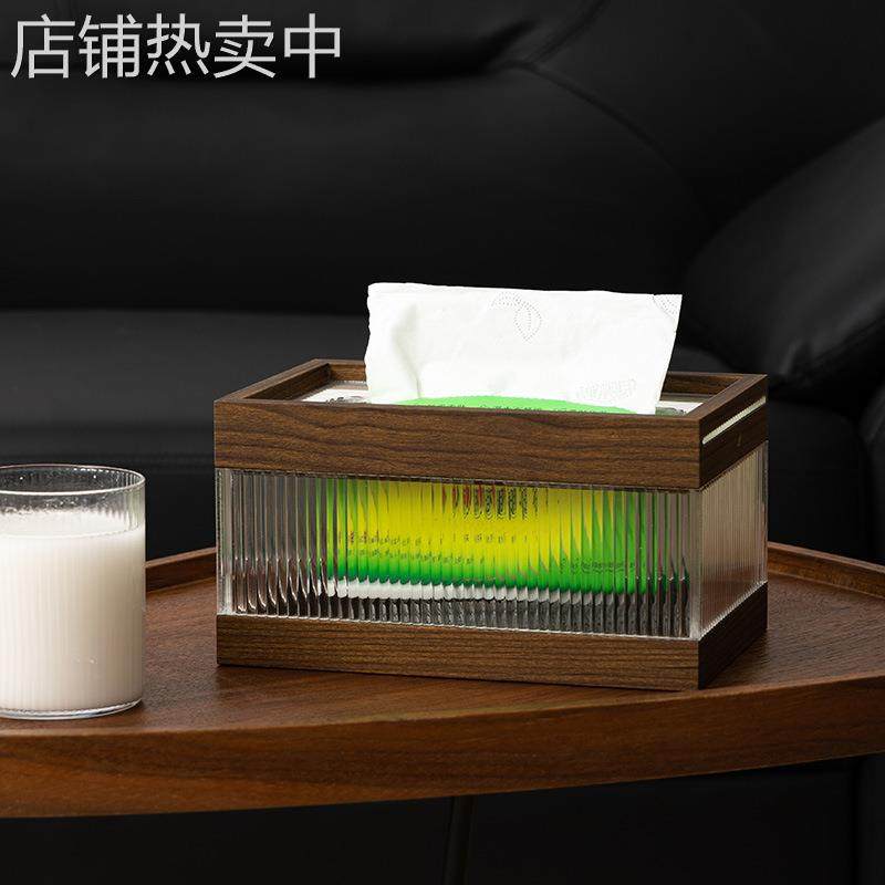 新款纸巾盒胡桃木纹亚克力拼接轻奢抽纸盒客厅茶几餐厅纸巾盒logo