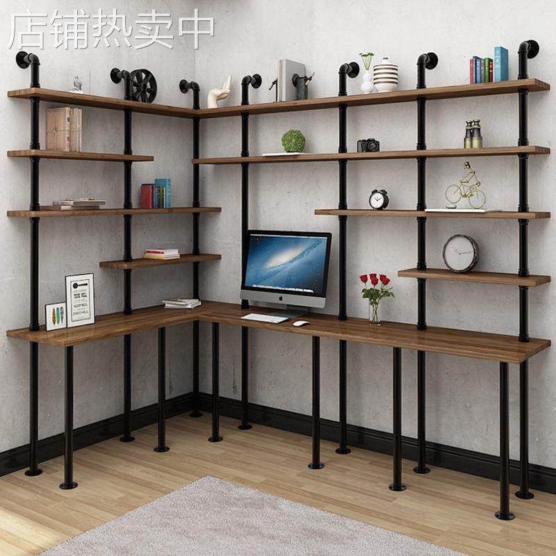 工业风铁艺水管电脑桌 loft创意墙上置物书桌一体简约实木书桌