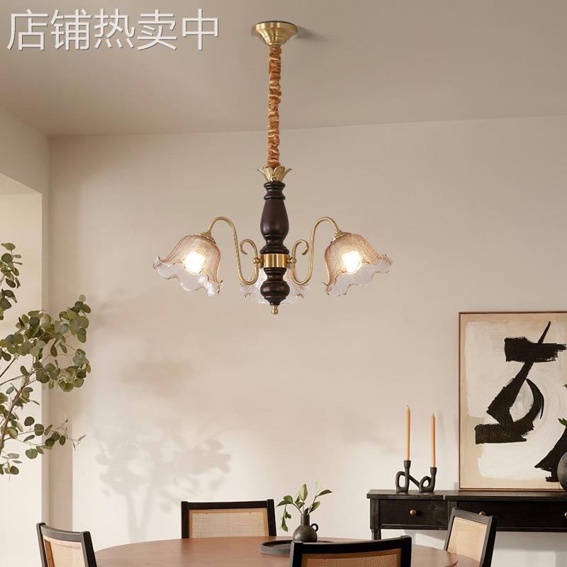 中古玻璃吊灯vintage复古卧室书房美式胡桃木花朵客厅餐厅铜灯具