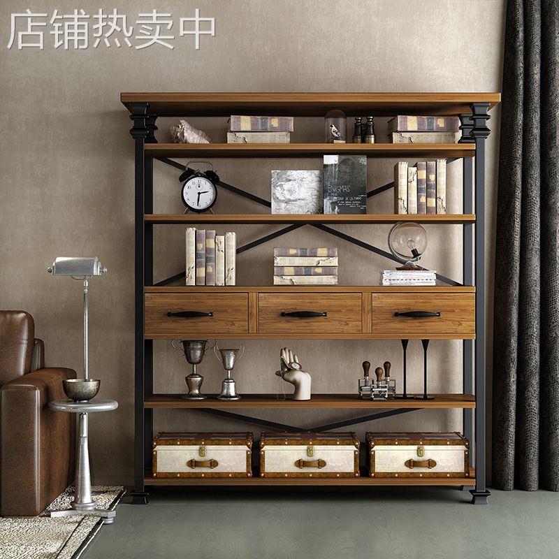 美式铁艺实木置物架客厅工业风隔板书架简约现代储物隔板落地书柜