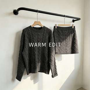 「Paris Knit」法式复古麻花针织毛衣+半裙两件套