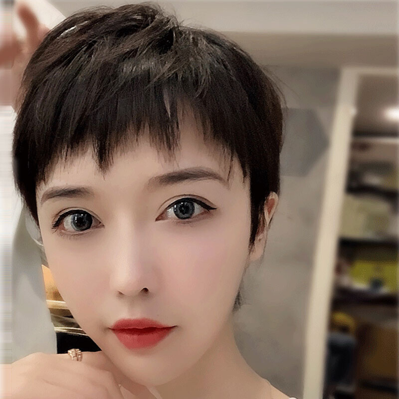 正品狗啃刘海假发女短发酷帅气全头套式真人发丝二次元网红时尚假