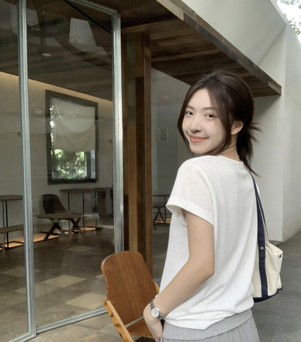 morning bloom灰色假两件拼接v领短袖T恤女夏季薄款宽松休闲上衣