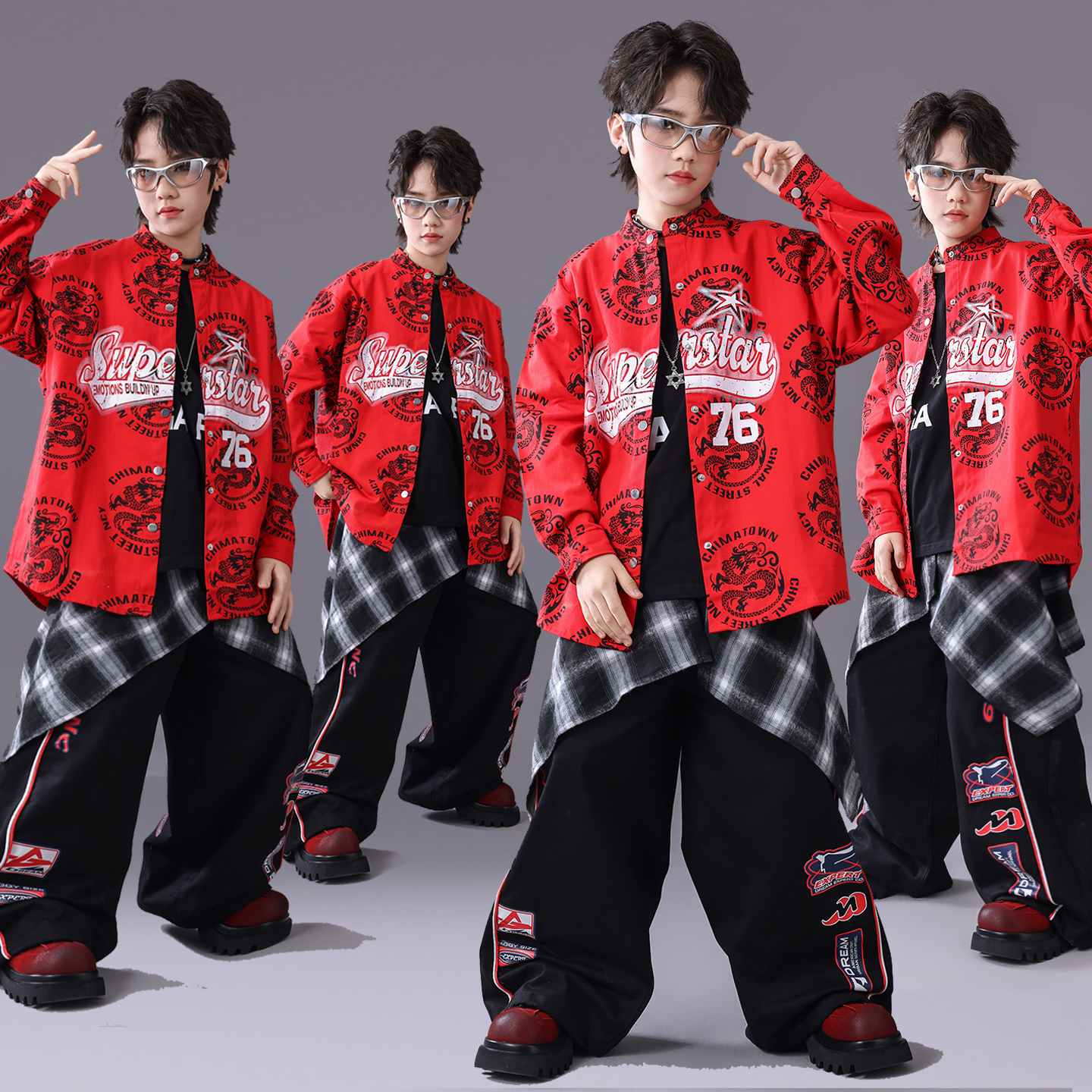 街舞儿童潮服元旦演出服男童酷帅红色套装hiphop女童中国风表演服