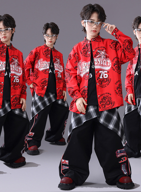 街舞儿童潮服元旦演出服男童酷帅红色套装hiphop女童中国风表演服