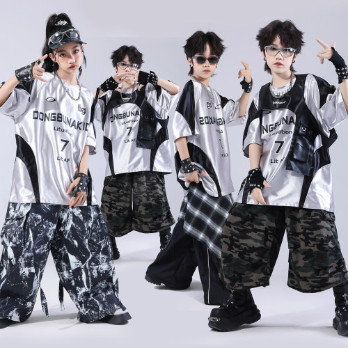 儿童街舞演出服少儿hiphop银色马甲潮男童嘻哈套装男孩架子鼓服装