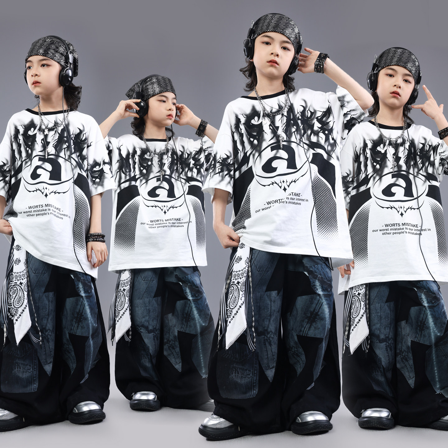 街舞儿童潮服宽松T恤裤子少儿hiphop夏季嘻哈男童街舞演出服套装 - 实物图