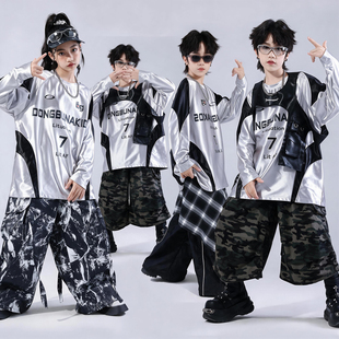 儿童街舞演出服少儿hiphop银色马甲潮男童嘻哈套装男孩架子鼓服装