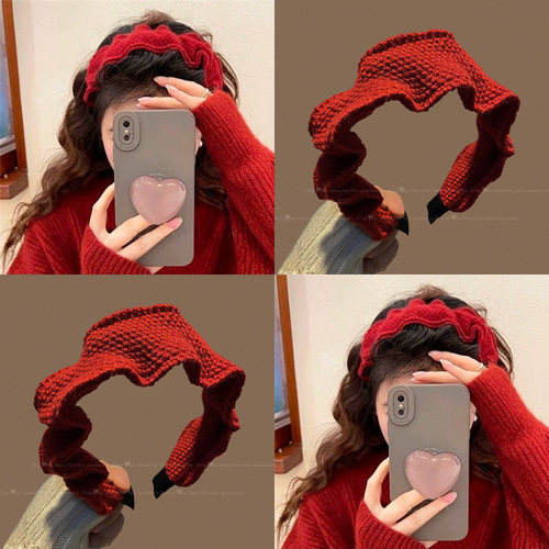 高颅顶褶皱针织毛线宽边发箍女