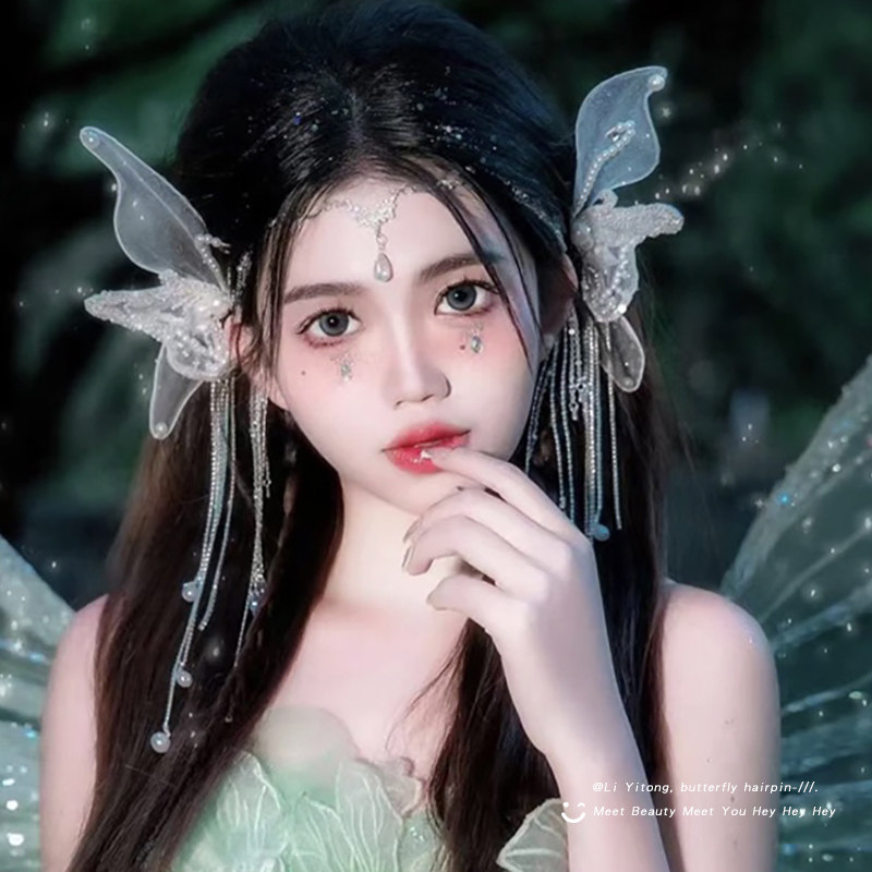 李一桐同款发夹订婚耳挂新娘头饰珍珠蝴蝶翅膀流苏发卡女2025新款