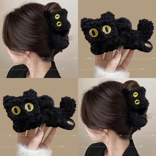 毛绒发夹女2025新款黑色猫咪抓夹