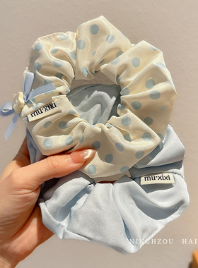夏季蓝色波点蝴蝶结大肠发圈女2026新款橡皮筋头绳丸子头发饰发绳