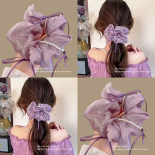 紫色头花珍珠蝴蝶结大肠发圈韩系高级感橡皮筋扎头头绳马尾发饰女