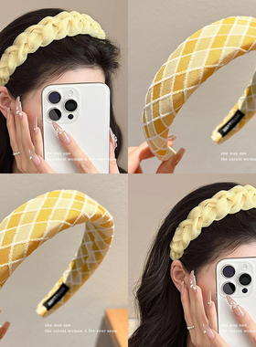 黄色格子宽边发箍女款夏季高级感洗脸压发头箍头饰高颅顶发捆发卡