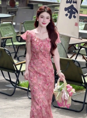 法式浪漫在逃公主 碎花连衣裙方领荷叶边收腰显瘦中长款气质温