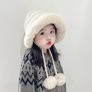 儿童帽子冬季韩版女童毛绒加厚护耳帽渔夫帽时尚加绒男女宝宝保暖
