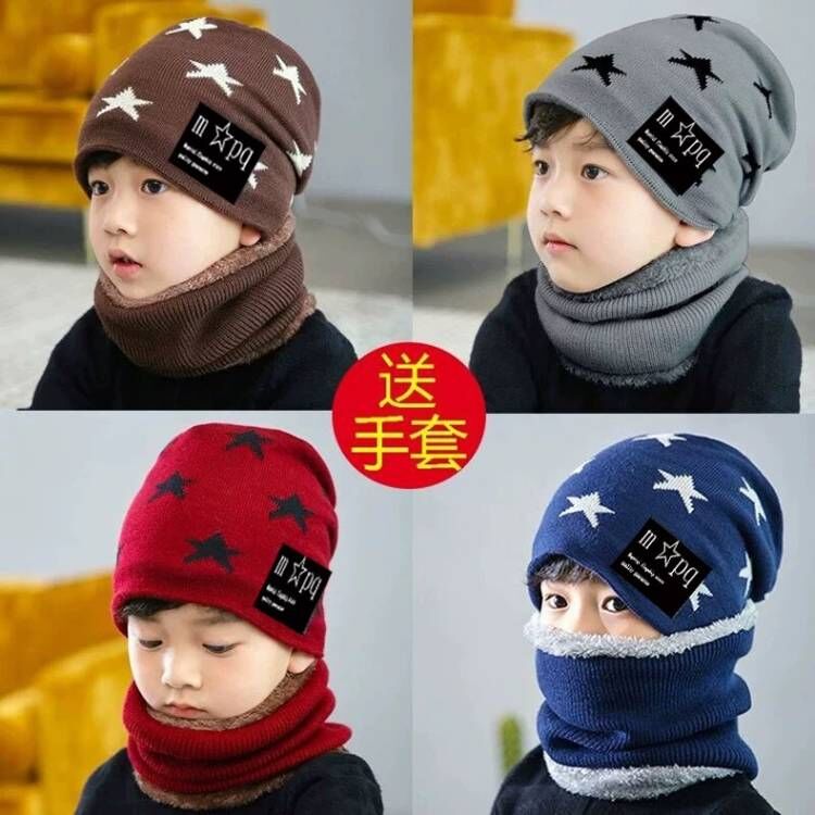 毛线冬天加绒一体帽套装儿童帽子