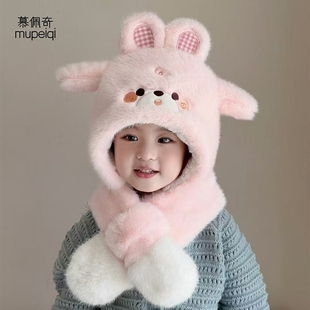 儿童帽子一体秋冬季毛绒帽护耳帽韩版宝宝会动的耳朵女童加绒加厚