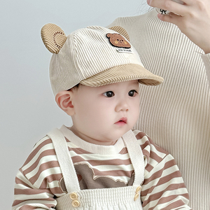 宝宝鸭舌帽子秋冬季韩版厚男女童可爱小熊防晒灯芯绒婴儿春秋软檐