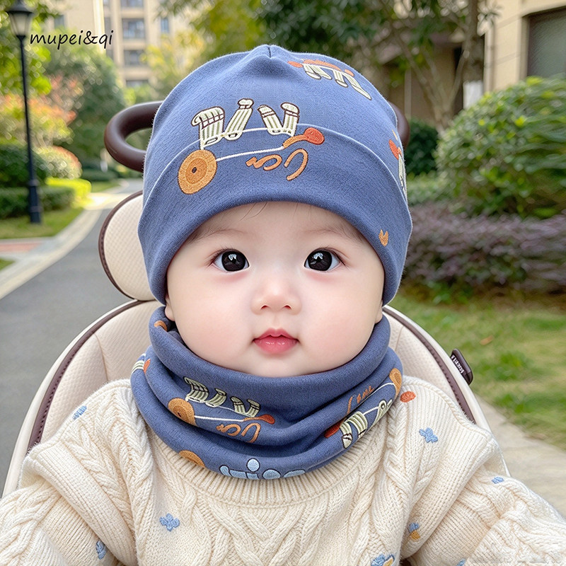 宝宝帽子纯棉防风套头婴幼儿帽子围巾套装男童女童双层保暖儿童帽