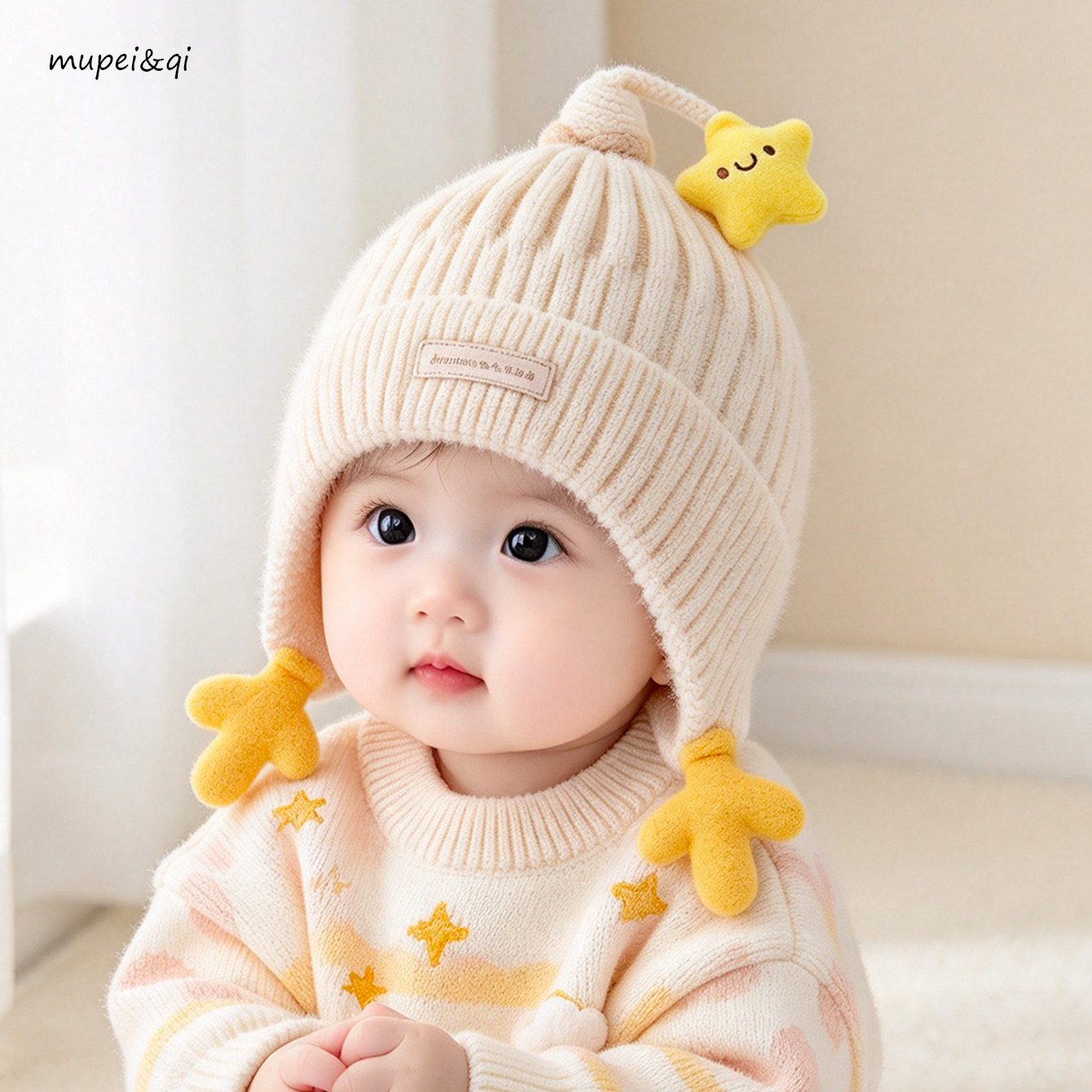 宝宝帽子秋冬季毛线帽护耳帽男童女婴幼儿可爱星星韩版婴幼儿保暖