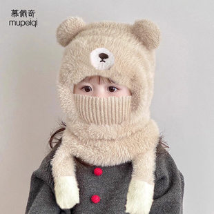 儿童帽子秋冬一体帽子围脖口罩会叫三件套男女童厚款宝宝加绒保暖