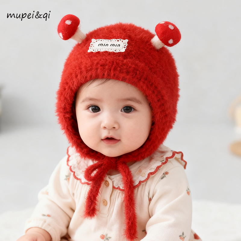 婴儿秋冬季帽子绒布红色套头护耳