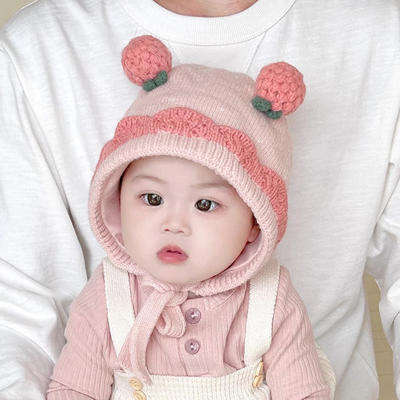 婴幼儿帽子秋冬季韩版毛线帽可爱草莓男女宝宝针织护耳帽防风保暖