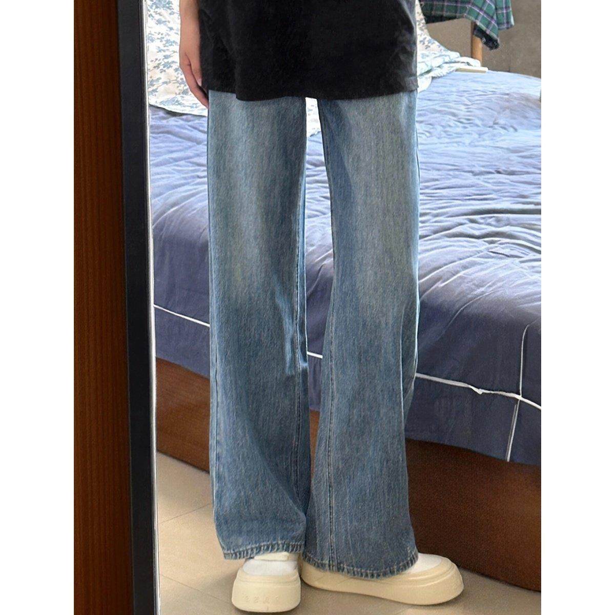 浅蓝色直筒垂坠感牛仔裤男女潮牌大尺码宽裤显瘦宽松休闲情侣长裤