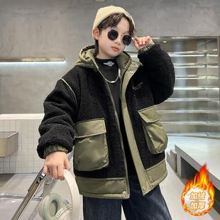 男童加绒外套秋冬款2025新款儿童加厚毛毛衣中大童男孩夹棉服冬装