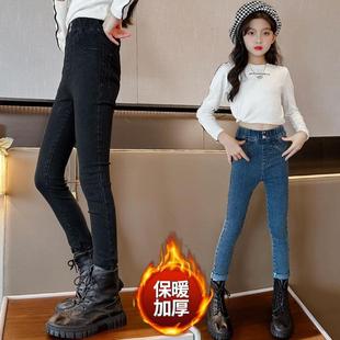 女童加绒裤子秋冬铅笔裤儿童长裤中大童牛仔裤外穿冬季休闲打底裤