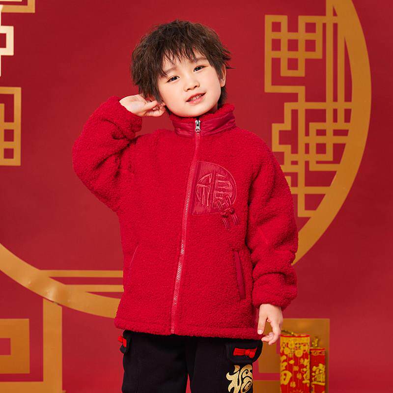 男童摇粒绒外套加绒儿童过年喜庆拜年服宝宝红色新年装中国风唐装