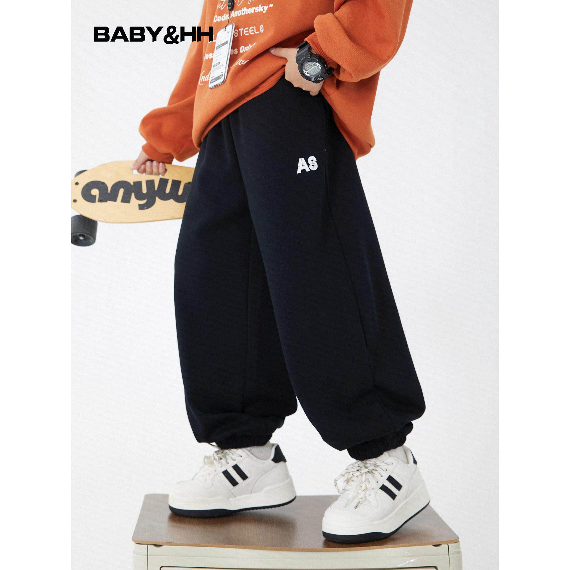 男童秋冬韩范黑色加绒运动卫裤2025新款学生儿童加厚保暖直筒裤子