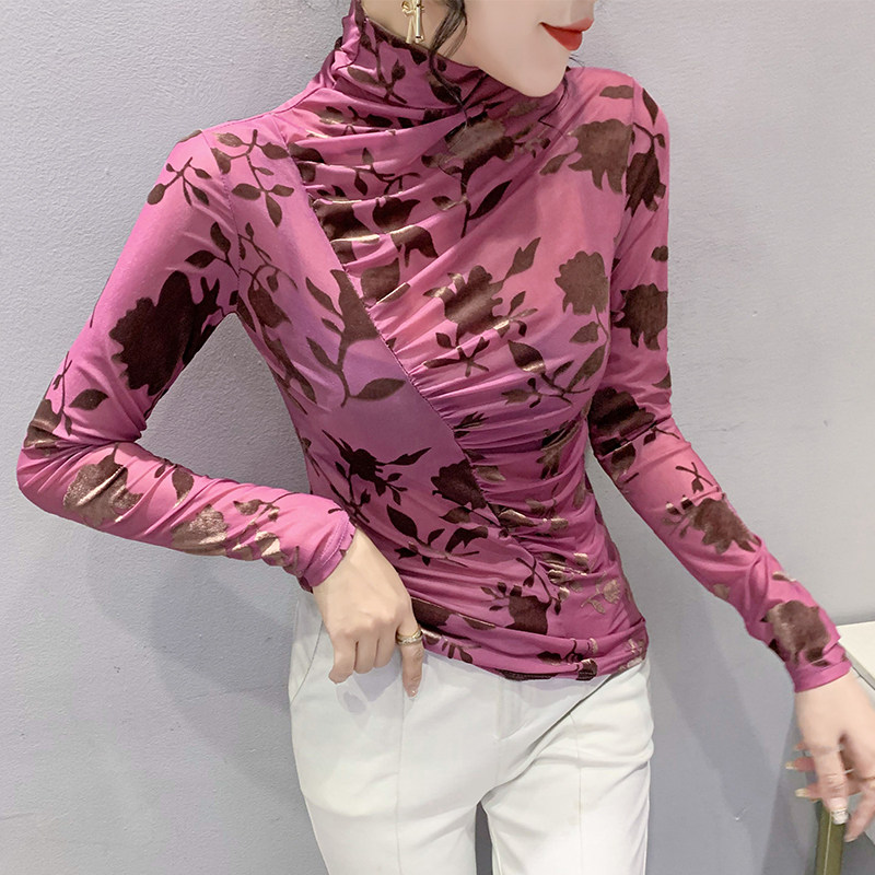 유럽 ??가을 겨울 여성용 터틀넥 밑단 셔츠 타이트한 이너 레이어로 패셔너블하고 시크한 탑과 섹시한 메쉬 긴팔 티셔츠가 트렌디함