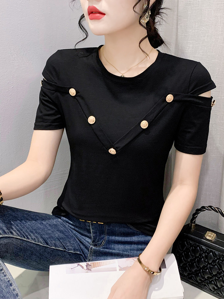 유럽 ????역 2024 여름 새로운 스타일 세련된 오프 숄더 티셔츠 여성 반팔 유행 탑 슬리밍 반팔 티셔츠