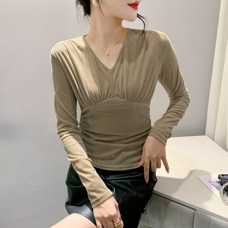 秋冬新款V领收腰打底衫女长袖褶皱内搭金丝绒上衣小衫1012z
