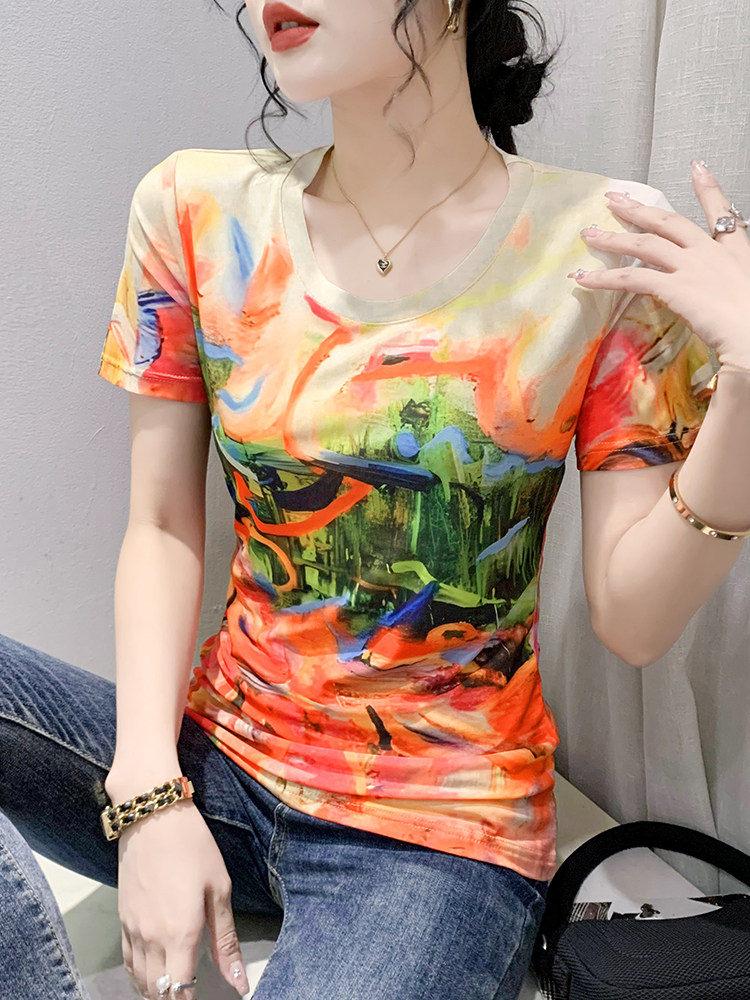 패션 프린트 라운드 넥 티셔츠 여성 반팔 여름 유럽 스트레치 메쉬 탑 슬림 피트 반팔 셔츠 유행