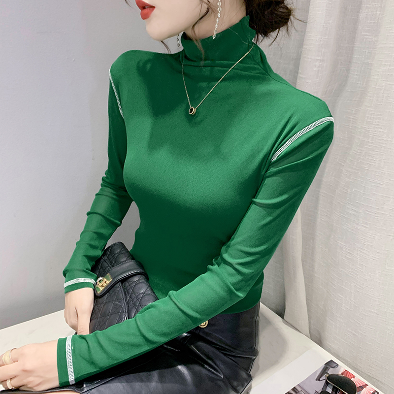 高领网纱打底衫女秋冬欧洲站新款紧身长袖T恤内搭上衣洋气小衫潮