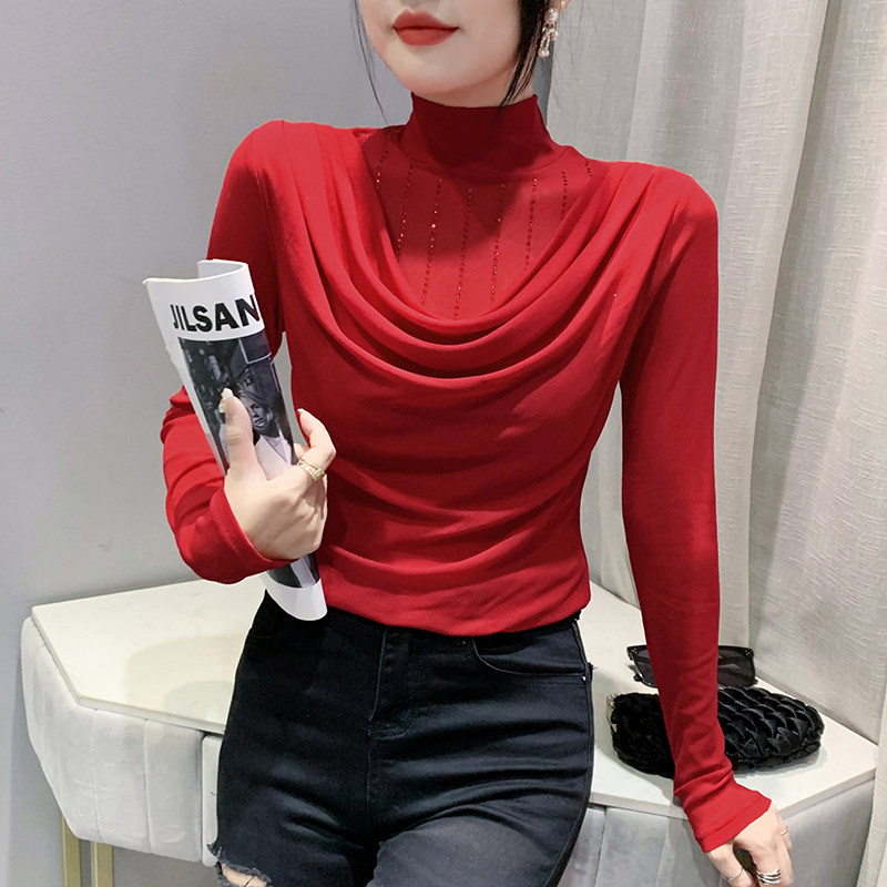 여성용 하프 터틀넥 바닥 셔츠 가을 겨울 유럽 패션 핫 라인스톤 탑 섹시한 메쉬 긴팔 티셔츠