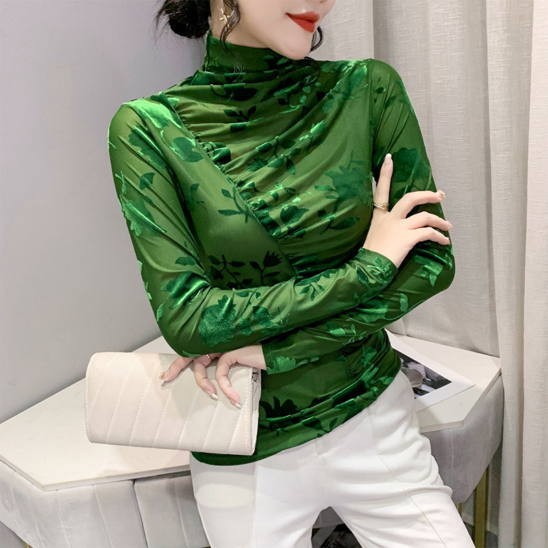 유럽 ??가을 겨울 여성용 터틀넥 밑단 셔츠 타이트한 이너 레이어로 패셔너블하고 시크한 탑과 섹시한 메쉬 긴팔 티셔츠가 트렌디함