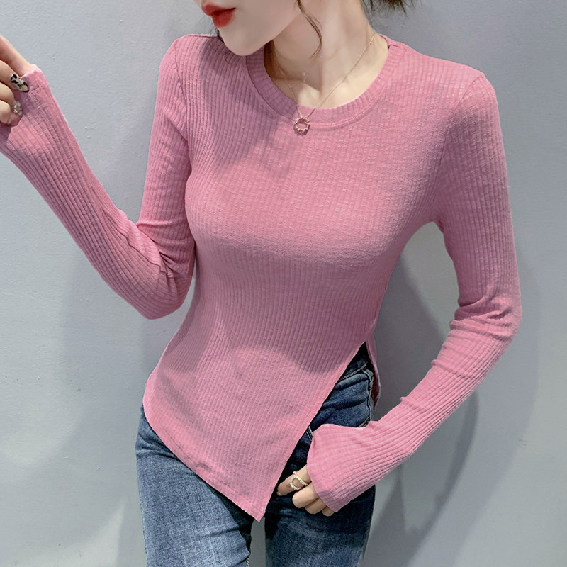 불규칙 슬릿 티셔츠 여성 긴팔 가을 겨울 세련된 디자인 웨스턴 틈새 탑 타이트 내부 레이어링 셔츠