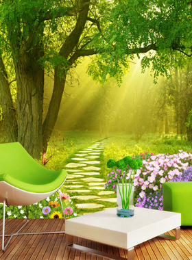 3d立体大自然绿色森林风景壁纸电视背景墙纸田园装饰植物装修壁画