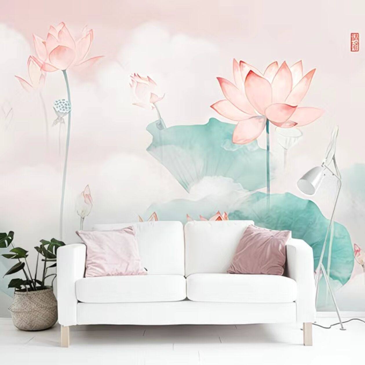 现代新中式墙布粉色荷花壁布客厅卧室床头电视背景墙壁纸沙发墙纸